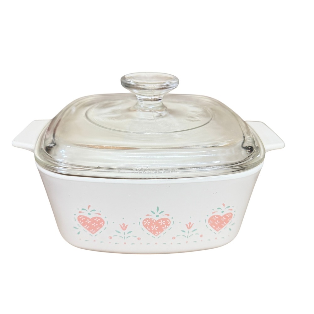 Vintage Corning Ware Abundance Casserole Dish with Lid Pink Heart Floral Square‎